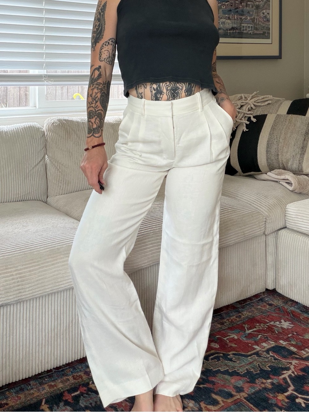 Aritzia Effortless Pants Linen Ivory White high waisted wide leg trousers